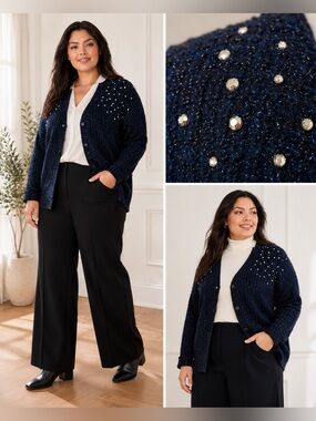Lane Bryant 18/20 Navy Cardigan Wool Blend Rhinestone Metallic Knit Sweater